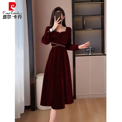 Pierre Cardin French retro gentle style dress spring and autumn new large size slimming temperament engagement dress long skirt shiny black L recommended 110-125 Jin Jin equals 0.5 kg