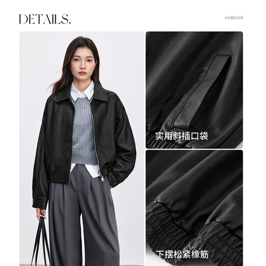 Shandubila Urban Commuting PU Leather Jacket Women's Spring Loose Slim Jacket Lapel Motorcycle Jacket Black M