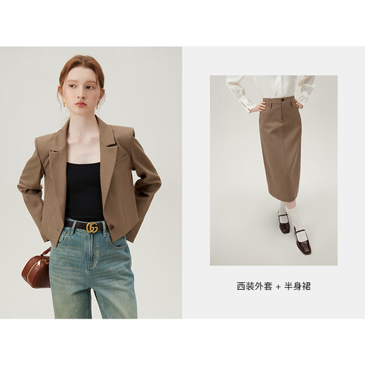 范思蓝恩设计感短款小西装外套女春装职业面试西服套装24FS11162 桦木棕-半裙 M