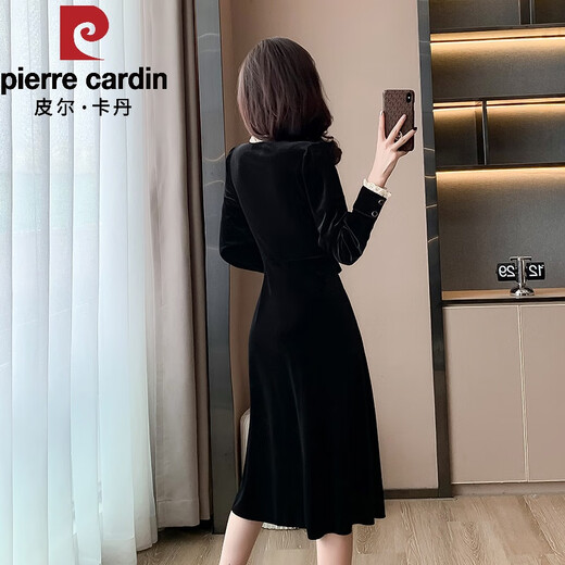 Pierre Cardin 2025 Herbst- und Winter Koreanische Version des Promi-Temperaments Velvet V-Ausschnitt Longärmedose Schwarzes kleines Kleid Frauen-Basisrock Langer Rock Schwarz 2xl