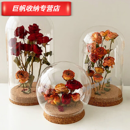 
Cork immortal flower glass cover rose ornament blind box dustproof dry flower glass cover display box cylindrical 1517cm cork base