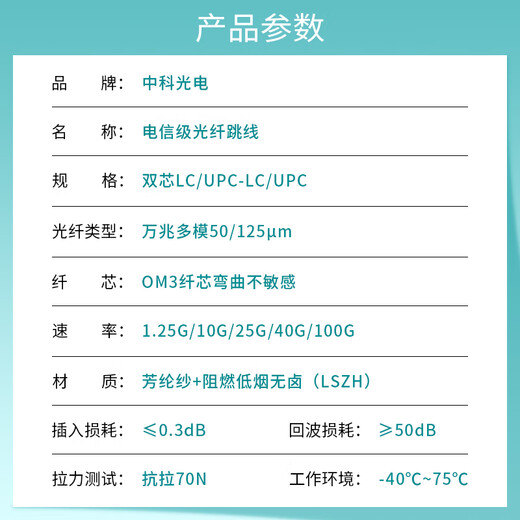 中科光电 万兆多模光纤跳线LC-LC多模双芯 1米 双工光缆尾纤OM3 50/125μm电信级光纤线ZK-LC-LC/OM3-1M