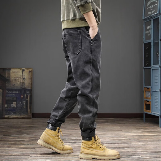 名面夏季潮牌新款男士牛仔裤宽松休闲裤高端哈伦小脚长裤 黑色 38 （180-200斤）