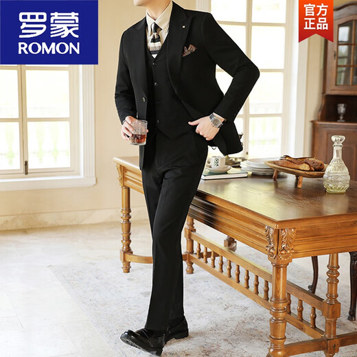 ROMON retro-accent ticket belt design large peak lapel two-button suit men's autumn and winter Maillard caramel dress suit black suit + trousers M 100-110Jin Jin equals 0.5 kg