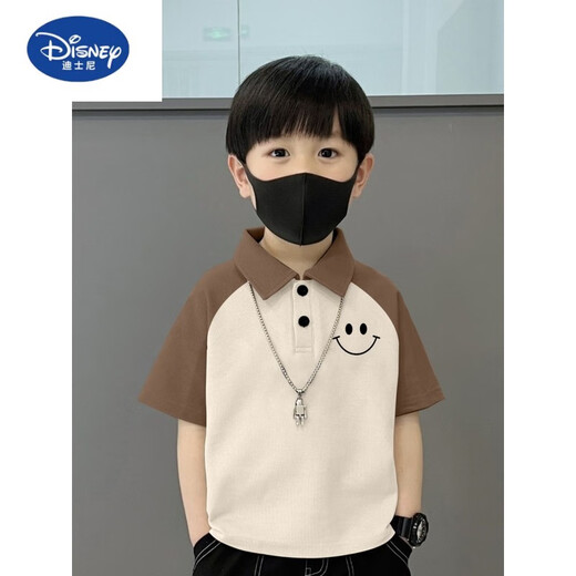 迪士尼（Disney）纯棉POLO衫短袖T恤儿童夏季新款中大童宽松拼接帅气翻领男孩上衣 674笑脸-黑绿-POLO衫纯棉品 110