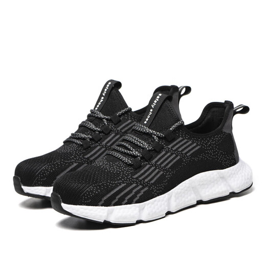 Omudun labor protection shoes for sports and summer, lightweight and breathable for men and women, mesh fly weave, anti-smash and anti-puncture, steel toe cap, soft bottom, wear-resistant and non-slip, 9928 resolute black 42