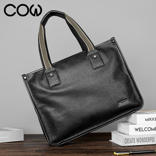 
COW briefcase men's hand-held business bag genuine leather top layer cowhide horizontal computer bag casual men's bag C-8621 black