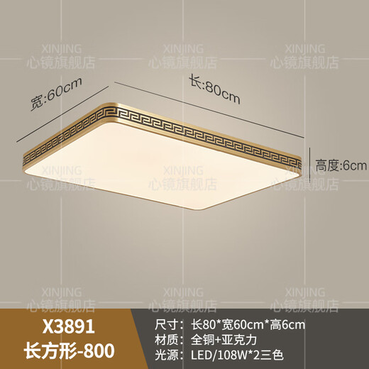 心镜全铜户外吸顶灯别墅大门口灯中式阳台玄关过道防蚊虫进门入户灯 X3891-600*800/长方形