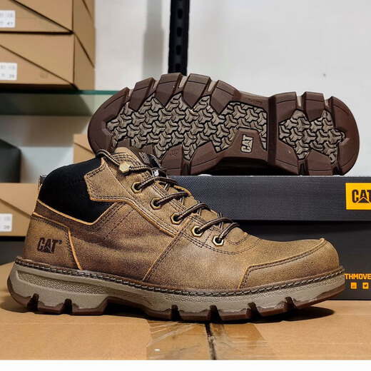 卡特cat男鞋高帮工装鞋厚软底轻便牛皮防水马丁靴秋冬户外休闲鞋短靴 卡其色 皮鞋码 41 比运动鞋偏大一码