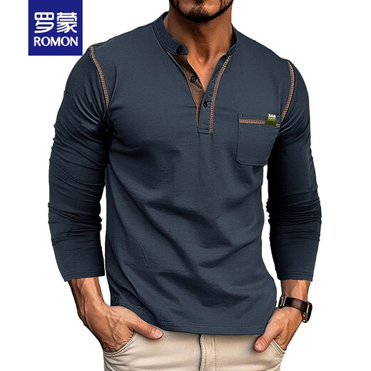 ROMON (ROMON) European and American men's long-sleeved T-shirt in spring and autumn new polo shirt Henry neck simple slim business sports polo shirt black L
