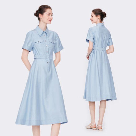 Navigare Italian small sailing short-sleeved dress for women 2024 summer new solid color commuter workwear skirt fashionable A-line skirt Bondi blue L