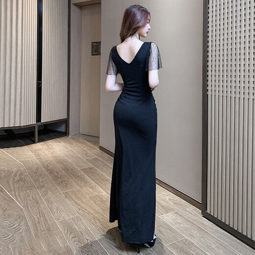 Jinggong sexy dress sexy dress low-cut temperament ktv evening dress long version foot bath sauna technician foot bath work clothes 3883 black S recommended 80-95 Jin [Jin equals 0.5 kg]