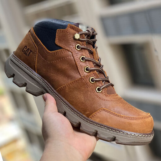 卡特cat男鞋高帮工装鞋厚软底轻便牛皮防水马丁靴秋冬户外休闲鞋短靴 卡其色 皮鞋码 41 比运动鞋偏大一码