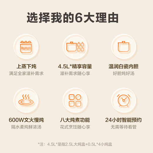 SUPOR electric stew pot, water-proof stew pot, household soup pot, bird's nest stew pot, 4.5L stew pot, steaming and stew all-in-one multi-function pot DZ25FC873