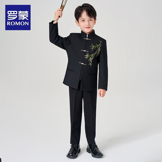 Luo Meng children's Chinese style suit suit boy tunic suit host speech suit new Chinese style performance suit black 170