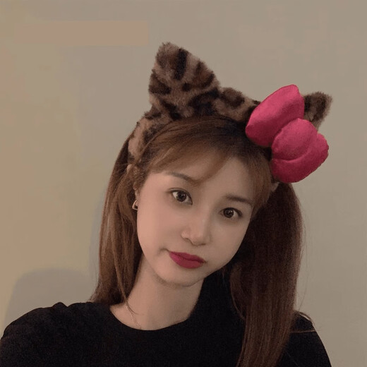 Danqin leopard print plush face wash ear headband women's headband new pressed cute bow headband hair bundle hairpin headdress bow cat ear headband
