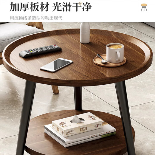 Zhuobo coffee table side table small table living room sofa side table double layer round table tea table storage rack bedside table CJ09 walnut color