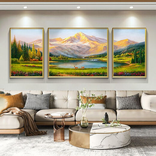 OUOETY背靠金山客厅挂画山水风景画沙发背景墙装饰画招财风水西墙三联画 12596[金色铝合金框] 中70*50两边35*50[纹理油画布面