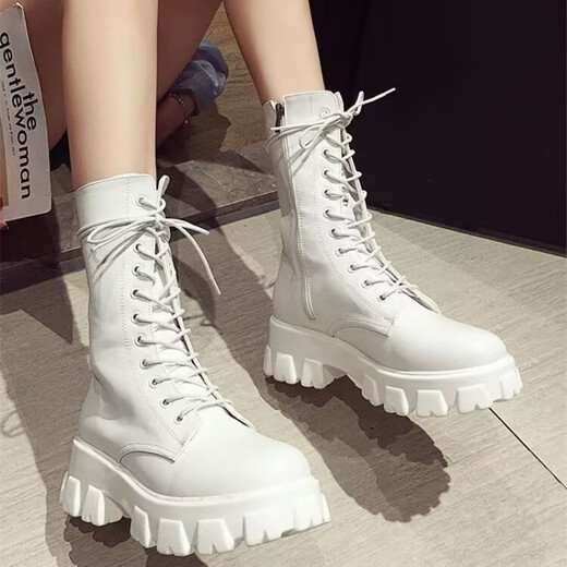 淇丝蔓35-43码 大码女鞋前系带中筒马丁靴女41新款韩版厚底粗跟机车靴42 米白色 38