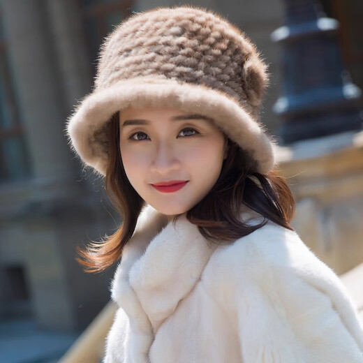 Yinghui Mink Fur Fisherman Hat Warm Flower Top Hat Middle-aged and Elderly Mink Fur Mom Hat Women Winter New Style Burgundy One Size