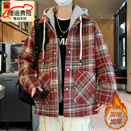 佐径（ZUOJING）男生秋冬加棉加厚小香风格子外套港风学生保暖棉服男 9923红格 2XL