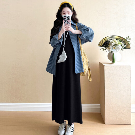苒琦妈咪孕妇连衣裙2025新款春季时尚宽松纯棉背心裙两件套春秋款孕妇裙子 条纹衬衫+灰色背心（两件套） 2XL