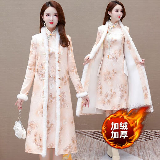 NUKM new Chinese style improved cheongsam plus velvet thickened long cotton coat for women winter new style Chinese style suit skirt 781 champagne two-piece set non-velvet cheongsam + jacket 2XL recommended 115-130Jin Jin equals 0.5 kg