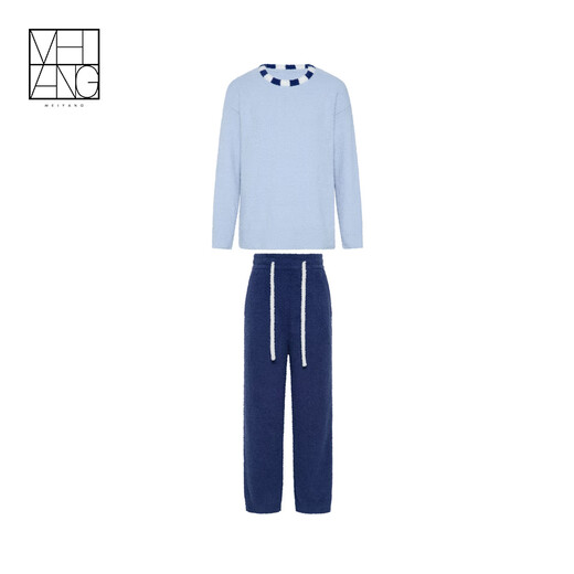MEIYANG winter island home wear densely woven half-velvet warm color-blocked round neck top casual pants fashionable temperament suit for women blue XL