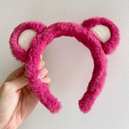 Autumn and winter new style strawberry bear furry headband Korean style cute little animal cute face wash high head headband hair accessory rose red