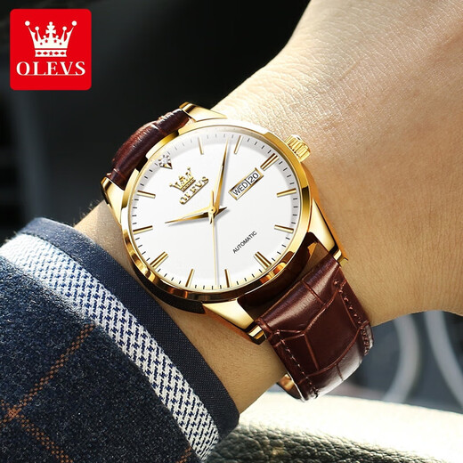 Olevs Swiss Certified Brand Watch Herren Mechanical Watch Vollautomatische Herren Uhr Waterdes Luminous Doppelkalender High-End-Uhr Olevs-6629 Männer-braune Leder weiße Oberfläche