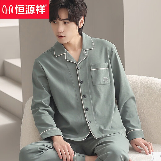 Hengyuanxiang Pajamas Men's Spring and осень -стиль 2024 Новый чистый хлопковый тонкий стиль с длинным рукавом для открытого костюма для домашней одежды лето 16836 170 (l)