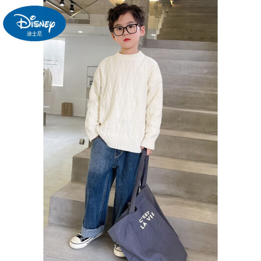 迪士尼儿童羊毛衫男童毛衣秋冬款宝宝时尚毛线衣纯色长袖套头加厚针织打 米白色 150cm