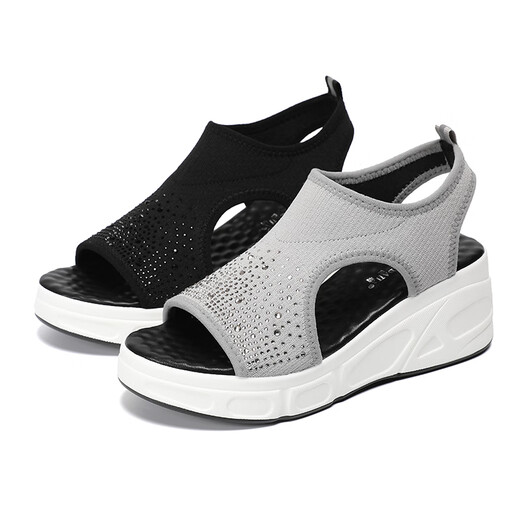 ZVEUZEK松糕厚底坡跟凉鞋新款休闲夏季水钻鱼嘴商场同款轻底防滑飞织女鞋 黑色882-1 35