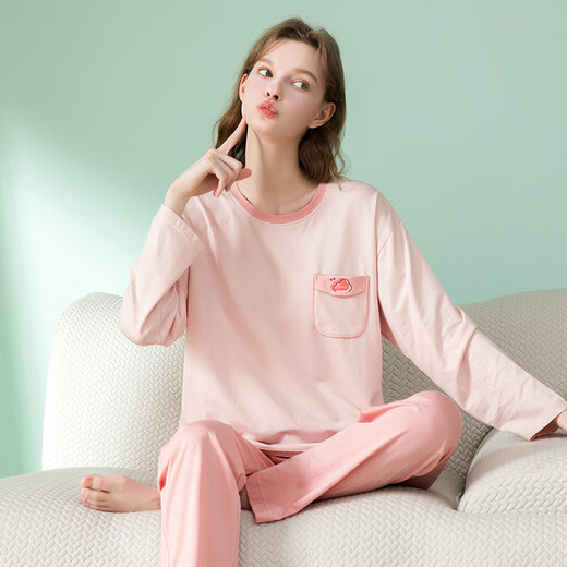 Fenton Anti-mite Pure Cotton Contrast Color Round Neck Casual Wearable Home Clothes Set Bean Paste Powder - Women's 2XL