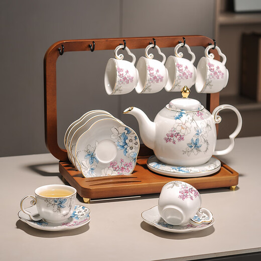 Yanze New Chinese Tea Set Living Room Light Luxury High-end Afternoon Tea Teapot Teacup Complete Gift Box Cup Set Blossoming Silver Gray 15-piece Set-Hanging Rack