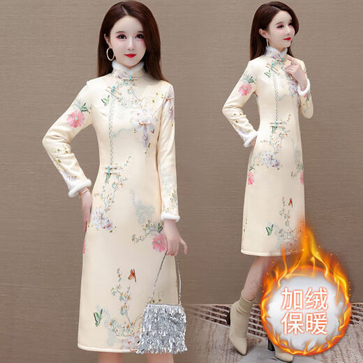 NUKM new Chinese style improved cheongsam plus velvet thickened long cotton coat for women winter new style Chinese style suit skirt 781 champagne two-piece set non-velvet cheongsam + jacket 2XL recommended 115-130Jin Jin equals 0.5 kg