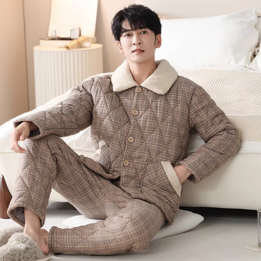 莫代尔睡衣男士冬季三层加厚加绒纯棉夹棉秋冬保暖冬天家居服套装 3886 XL (175码)建议穿着体重140-160