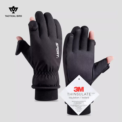 Tactical Bird (3M) Thinsulate Cotton Half Finger Winter Warm Gloves for Men Cycling Coldproof Large Size Fishing Touch Screen W35 Gloves (Finger Style) Black M