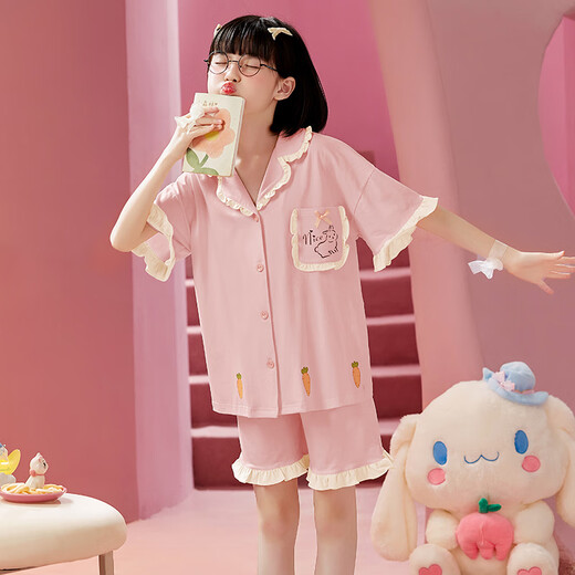 曼妮朵女童睡衣夏季纯棉小女孩新款儿童家居服宝宝开衫短袖短裤套装薄款 B4877绿【双短】 140cm 16码建议135-145cm