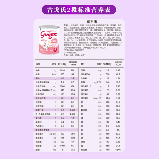 古戈氏（guigoz）法国原罐进口配方牛奶奶粉婴幼儿奶粉宝宝奶粉 Guigoz古戈氏奶粉标准2段900g