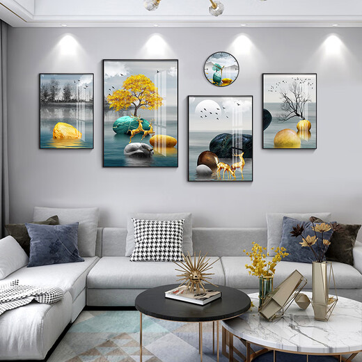 摩琥客厅装饰画沙发背景墙新款壁画现代简约电视背景大气抽象四联挂画 福禄相随15941(含挂钟) 钢化晶瓷大组合-坚固耐用 黑框