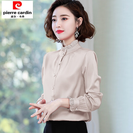 初径加绒加厚衬衫女冬季保暖2025春秋立领上衣雪纺中年妈妈打底衬衣寸 CZP5012杏色【加绒】 S 【80-95斤】