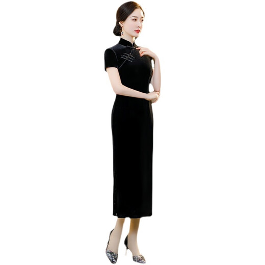 
Yinlu cheongsam new fashionable and improved daily solid color gold silk old Shanghai Chinese style casual versatile dress dress for women AE#9923 black#01 M