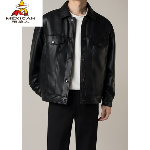 Scarecrow men's handsome and high-end men's motorcycle short leather jacket men's spring and autumn new trendy loose pu leather jacket black M weight recommended 105-125Jin Jin equals 0.5 kg