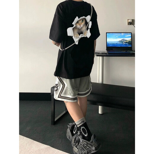 迪伽达短袖t恤男士夏季新款美式潮牌潮流设计感猫咪打底衫情侣五分半袖 MSL-C683白色（在后） L （尺码偏小建议大一码）