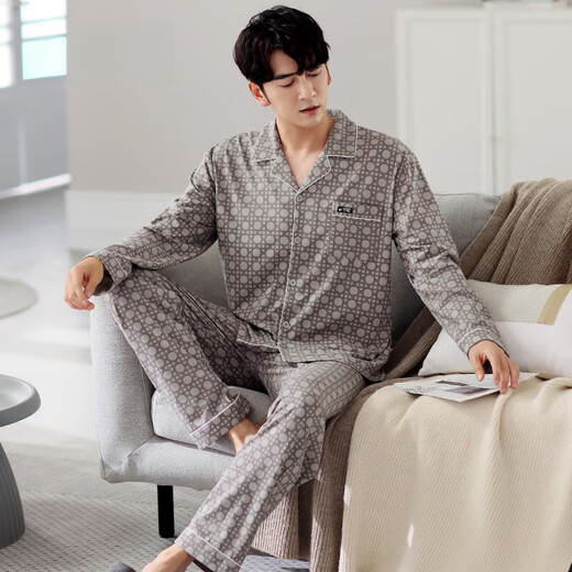 Catman (Miiow) Pyjamas pour hommes Spring and Automne Coton Pure Coton Longue 2025 Nouvel automne d'âge moyen et âgé père homme mince automne et vêtements d'hiver 3882 L (170 tailles) recommandés pour porter du poids 120-140