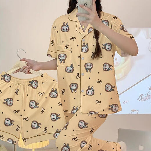 Catman 2025 New Cartoon süße kurzärmelige Pyjamas Drei-teilige Set für Außen 14126# Labubu Kurzärärmelte + Shorts + Hosen 2xl 125-145Jin [Jin entspricht 0,5 kg]