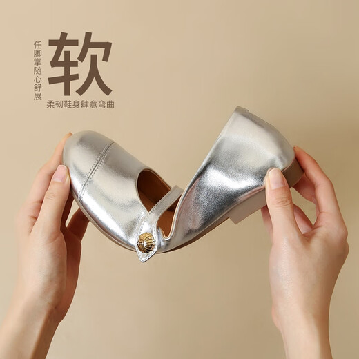 ZHR Mary Jane shoes for women spring and summer real cowhide round toe women's shoes temperament commuting single shoes for women BT88 silver 38
