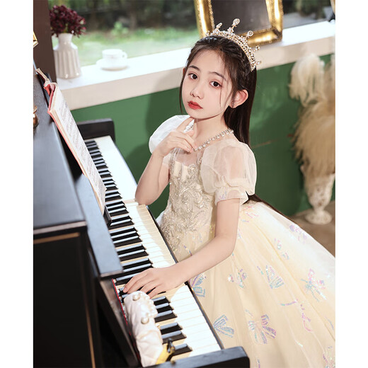 奥蒙威（AOMENGWEI）女童礼服公主裙甜美儿童花童婚纱生日连衣裙主持钢琴演出服DY9208 香槟色短袖【单裙】 150