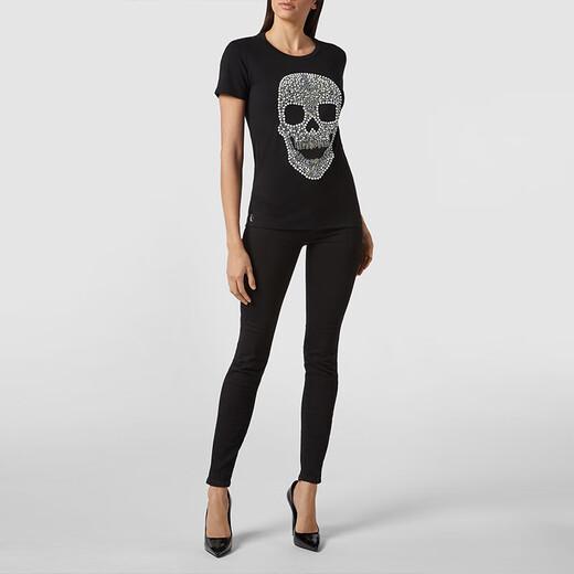 菲利普普兰（PHILIPP PLEIN）女士棉质水钻骷髅图案短袖T恤衫 WTK1283 PTE003N 黑色 XS